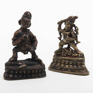 Tibetan Silver and Copper Inlaid Bronze Figure of a Kala Jambhala and a Small Silver Inlaid Bronze: Tibetan Silver and Copper Inlaid Bronze Figure of a Kala Jambhala and a Small Silver Inlaid Bronze Figure of Achala Each 3 1/2 in. high.