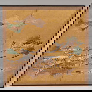Two Panel Japanese Screen with a Scene of Ancient Kyoto: Two Panel Japanese Screen with a Scene of Ancient Kyoto Gold Leaf on Silk 54 in x 26 1/2 in. (per panel).