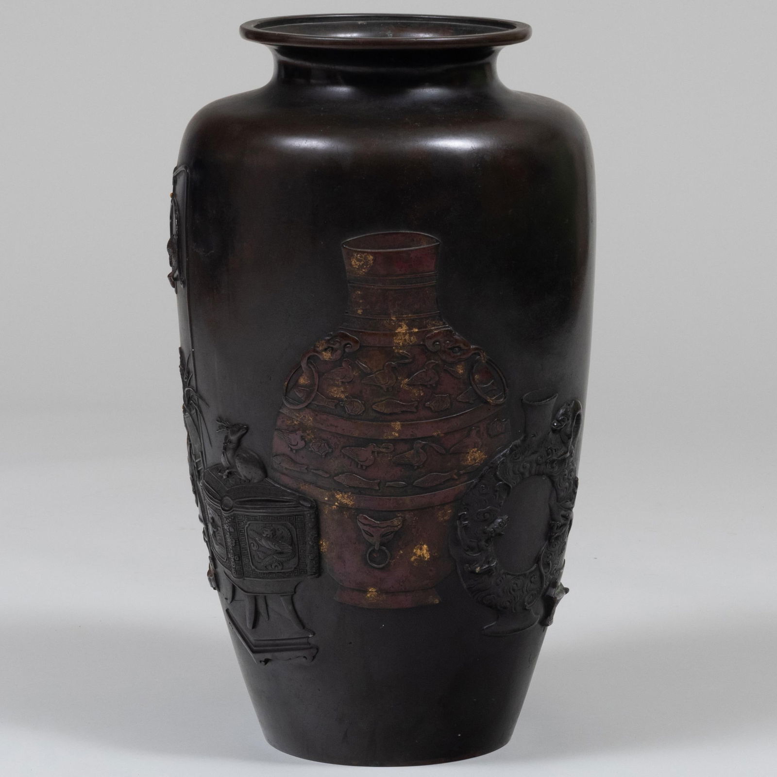 Large Japanese Bronze Vase Inlaid with Stationeries and Vases (1 of 11)