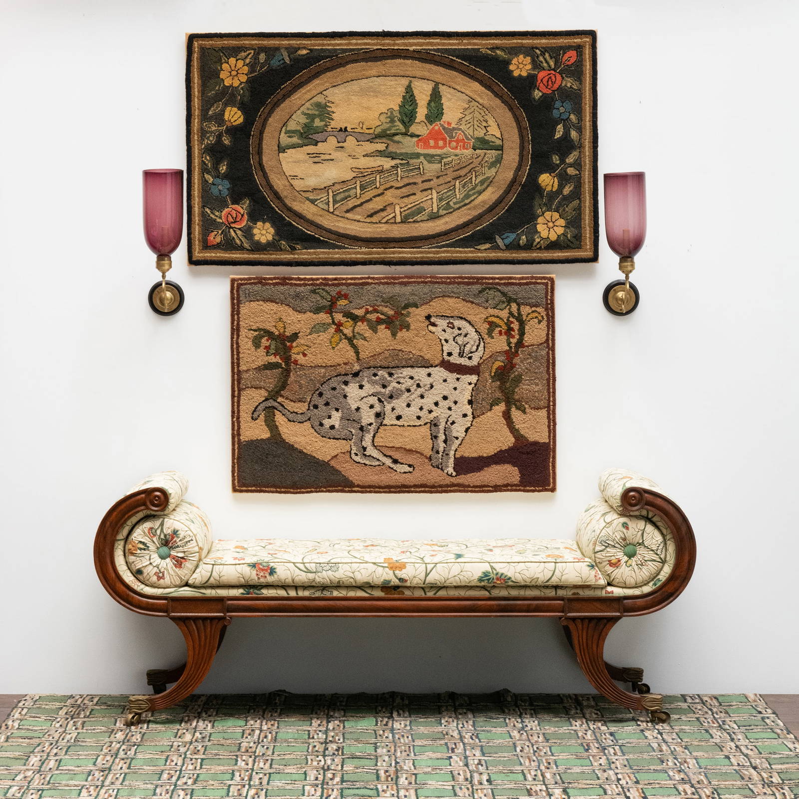 Regency Style Faux Mahogany Crewelwork Upholstered Window Bench With