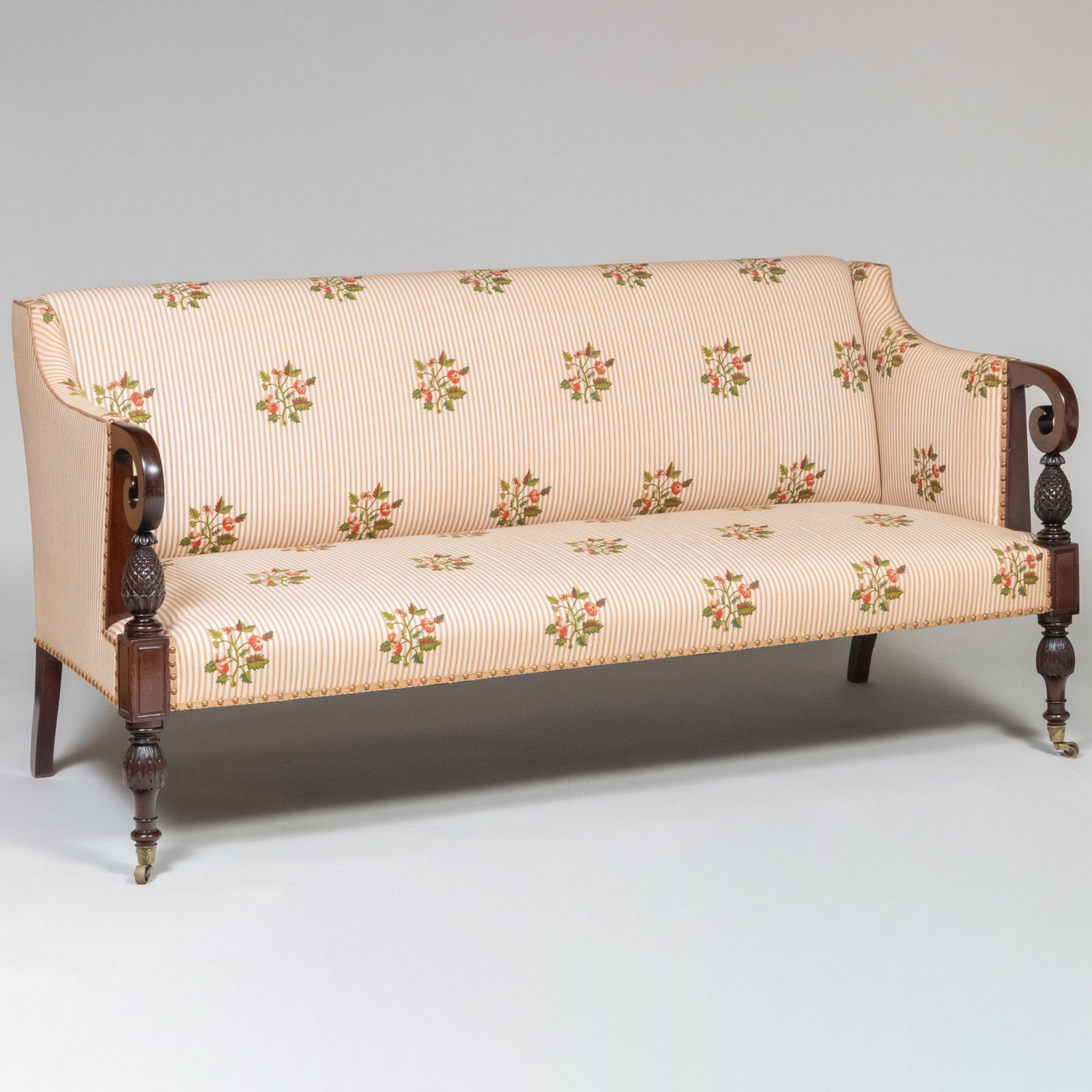 Pair of Federal Style Upholstered Mahogany Settees: Pair of Federal Style Upholstered Mahogany Settees 23 1/2 x 33 x 6 ft. x 30 1/2 in., depth of seat 21 in., height of seat 16 in.