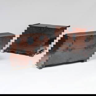 Two Korean Metal-Mounted Stained Wood Tanzu: Two Korean Metal-Mounted Stained Wood Tanzu 20 3/4 x 30 x 13 1/2 in. and 22 1/2 x 30 x 14 3/4 in.