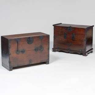 Two Korean Metal-Mounted Stained Wood Tanzu: Two Korean Metal-Mounted Stained Wood Tanzu 20 3/4 x 30 x 13 1/2 in. and 22 1/2 x 30 x 14 3/4 in.