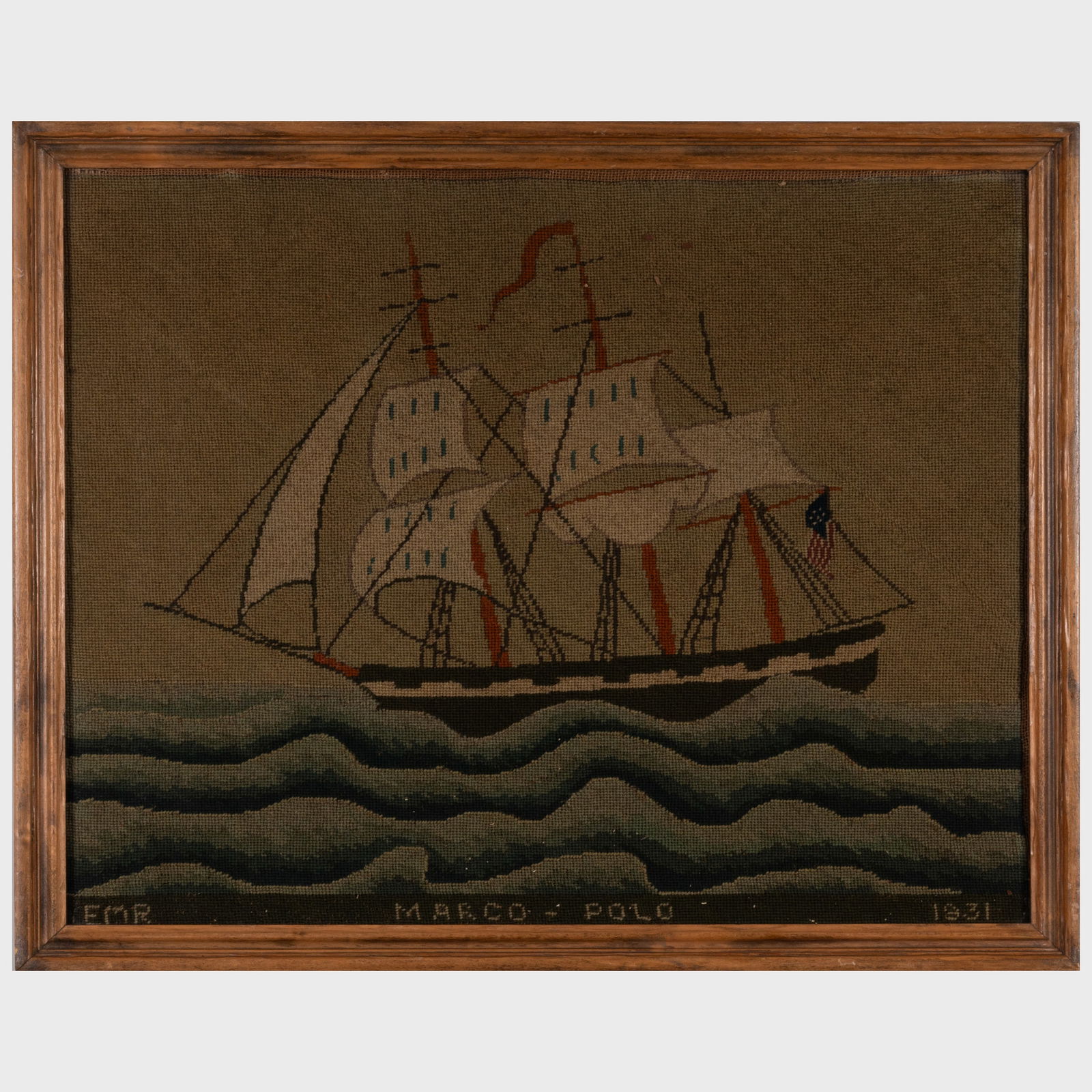 Marco Polo Needlework: Marco Polo Needlework 18 1/2 x 22 in. (frame). With applied label for Far Gallery, NY.