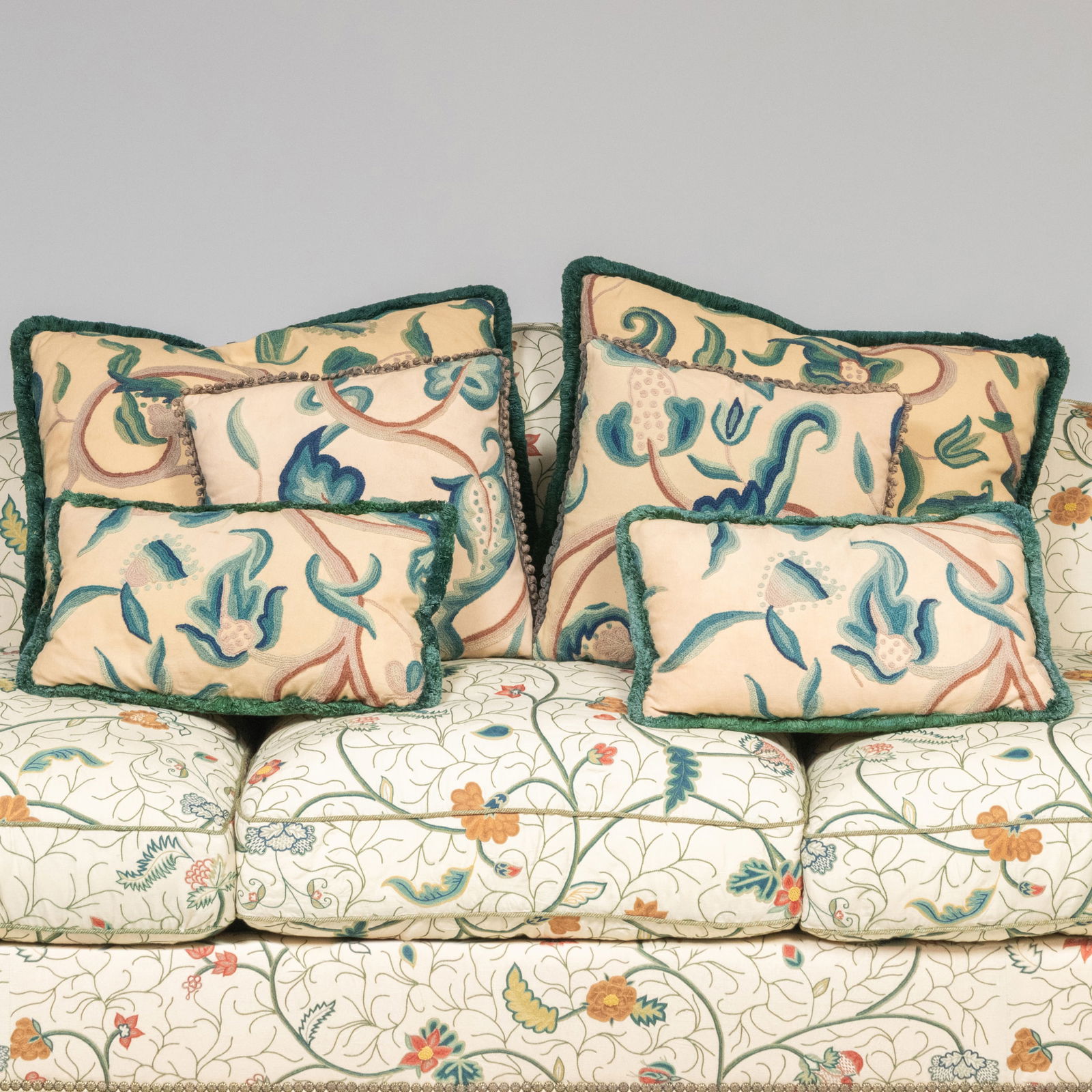 Group of Six Crewelwork Pillows and a Matching Blanket, with Chelsea Editions Fabric (1 of 16)