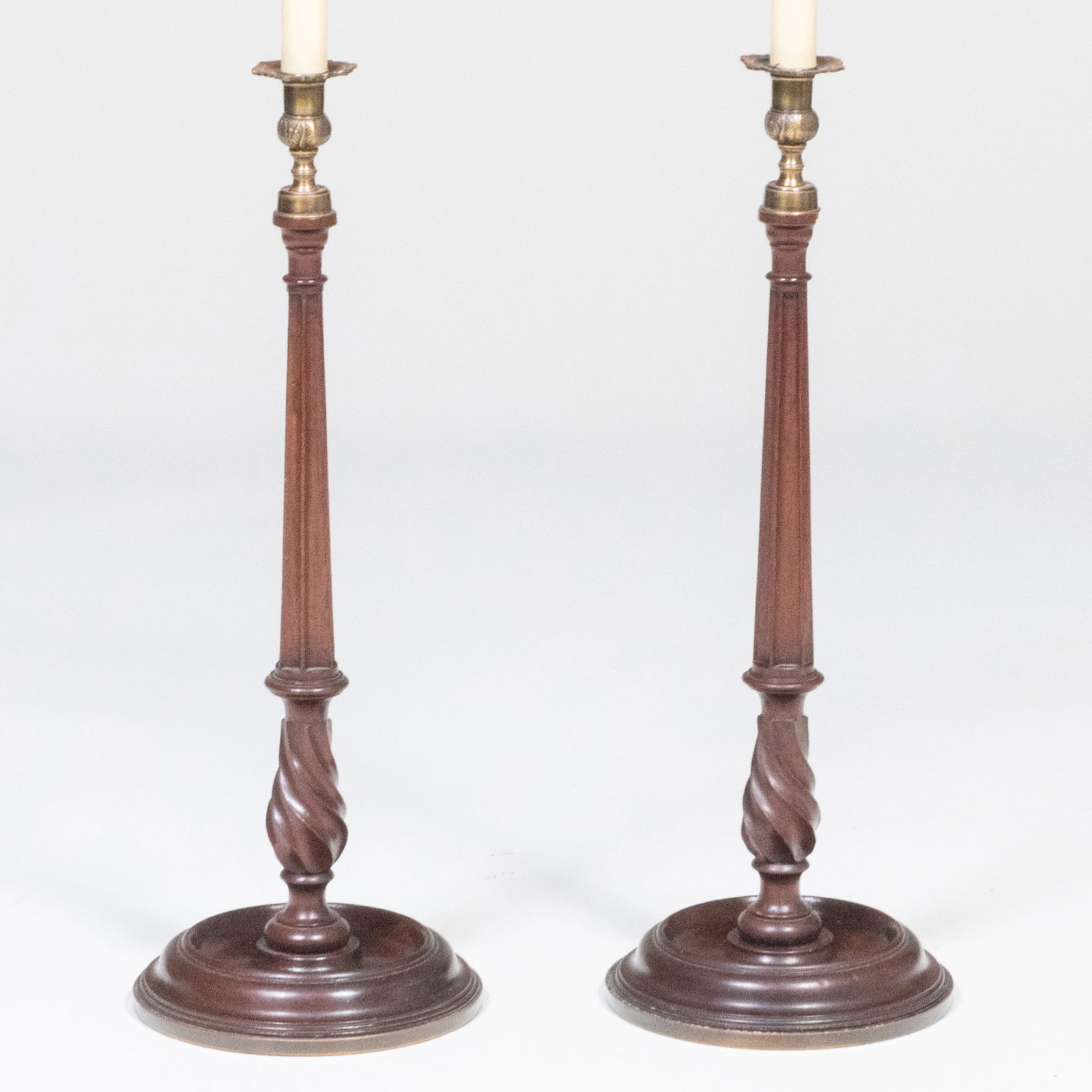 Pair of Tall Turned Wood and Brass Columnar Candlestick Lamps (1 of 5)