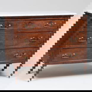 Late Louis XVI Provincial Brass-Mounted Mahogany Commode: Late Louis XVI Provincial Brass-Mounted Mahogany Commode Fitted with a molded marble top with rounded corners. 33 x 39 x 18 1/2 in. The Collection of a Rockefeller Family's Parish-Hadley Designed Home