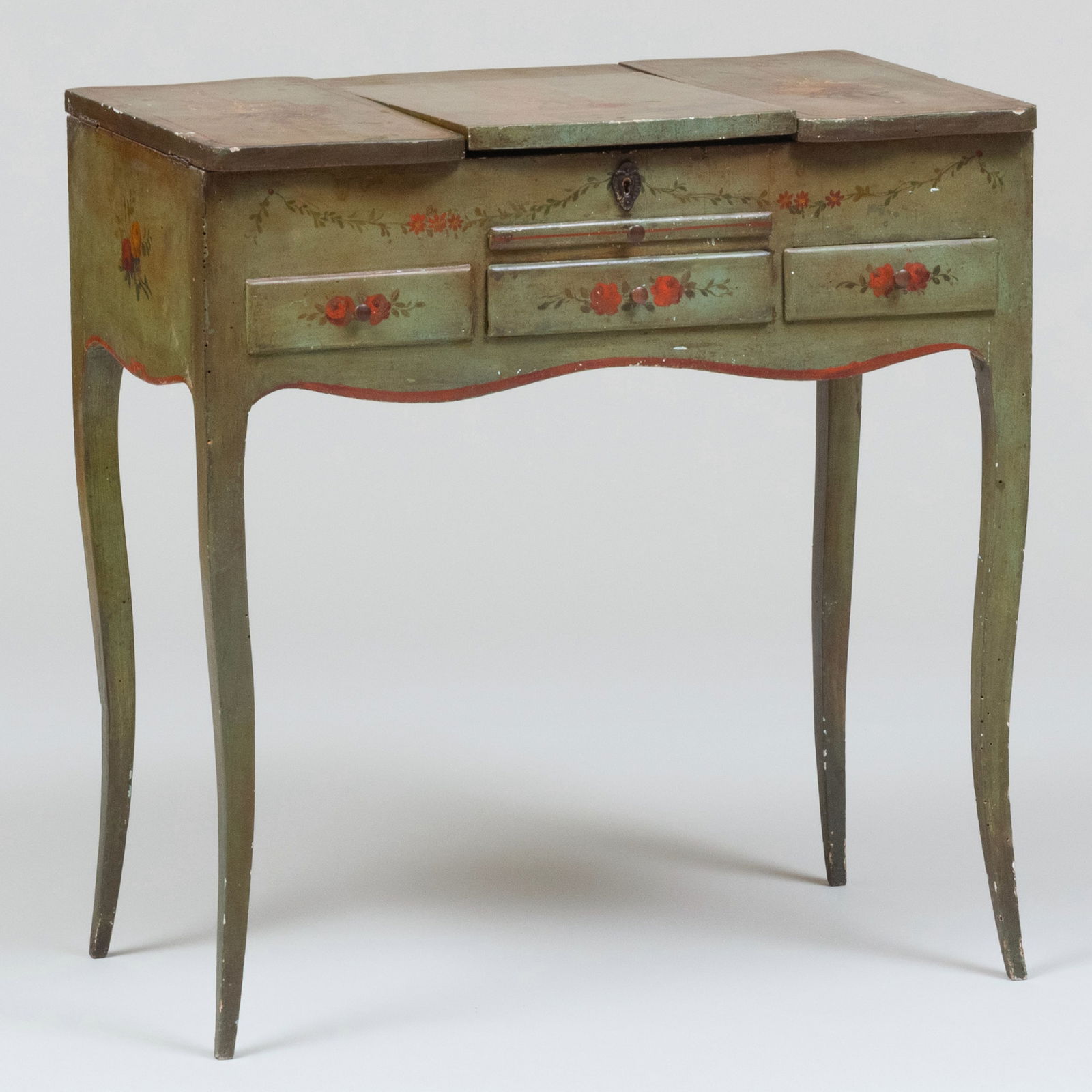 Louis XV Style Provincial Green Painted and Polychrome Decorated Dressing Table (1 of 14)