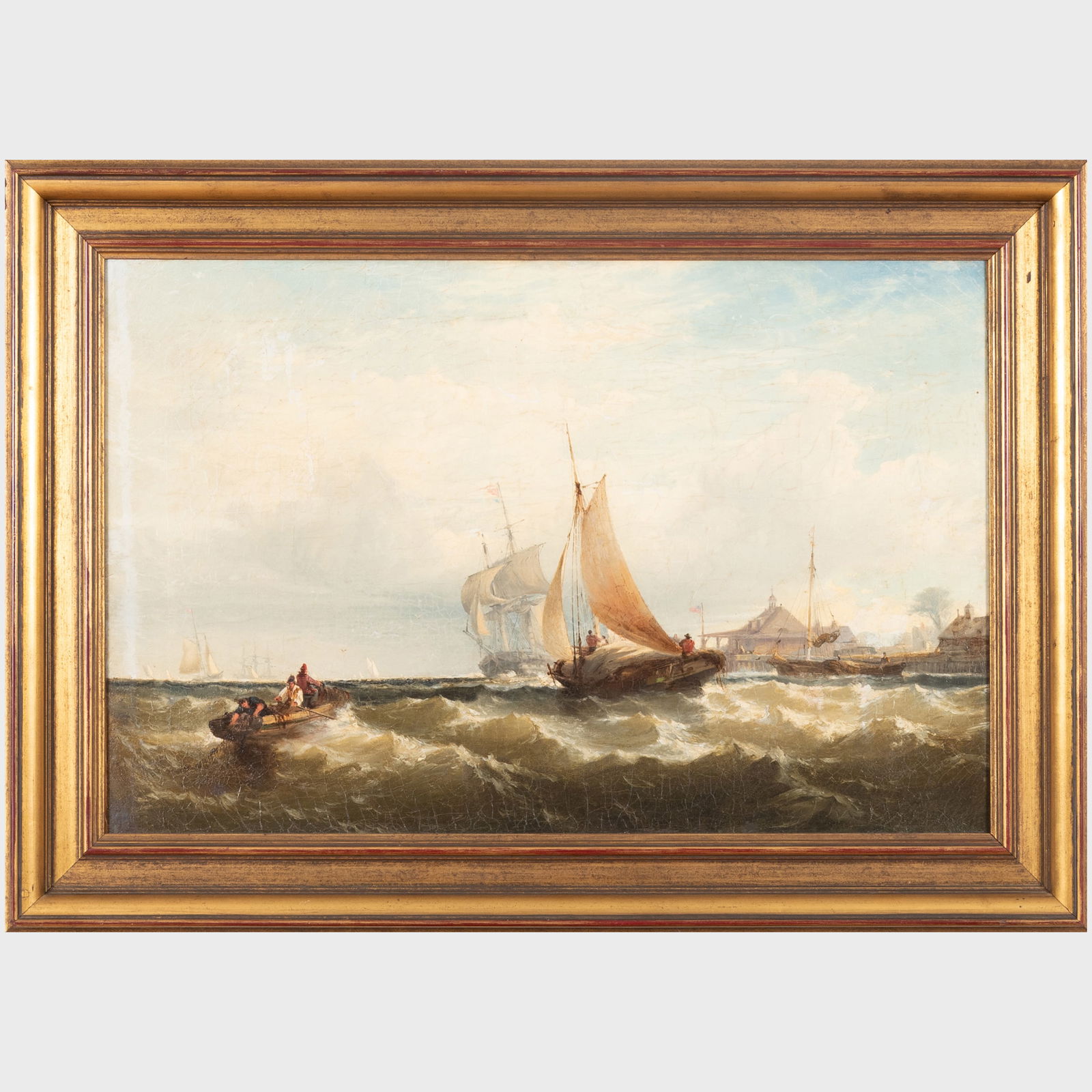 Attributed to Edward Moran (1829-1901): Boats in a Choppy Sea Outside an American Port: Attributed to Edward Moran (1829-1901): Boats in a Choppy Sea Outside an American Port Oil on canvas, unsigned, lined. 20 x 30 in., 26 1/2 x 37 in. (frame).