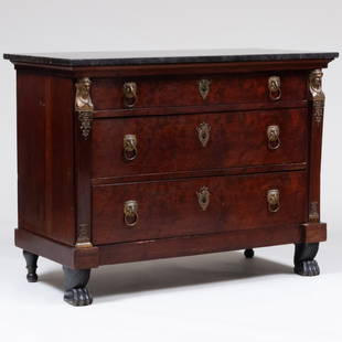 Late Empire Gilt-Metal Mounted Mahogany Commode: Late Empire Gilt-Metal Mounted Mahogany Commode With a dark grey marble top. 34 3/4 x 45 1/2 x 22 3/4 in.