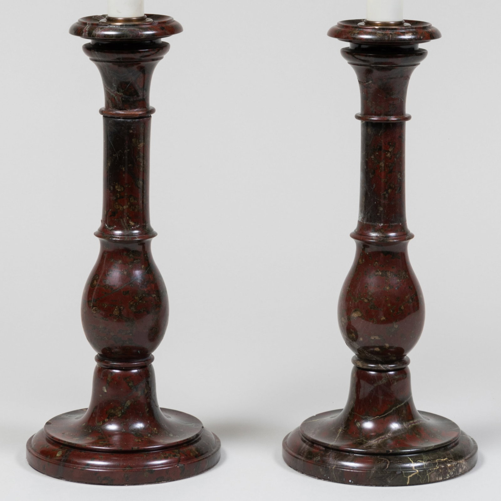 Pair of Cornish Marble Candlestick Lamps: Pair of Cornish Marble Candlestick Lamps 19 x 6 in. diam. (to socket).