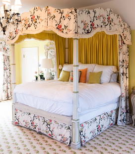 Painted Canopy Bed with Printed Linen Fabric: Painted Canopy Bed with Printed Linen Fabric Approximately 8 ft. 9 in. x 6 ft. 10 in. x 7 ft. 2 in. Approx. Mattress Size 6 ft. 8 in. x 6 ft. 4 in. Sold, STAIR, "The Collection of Susie Hilfiger at De