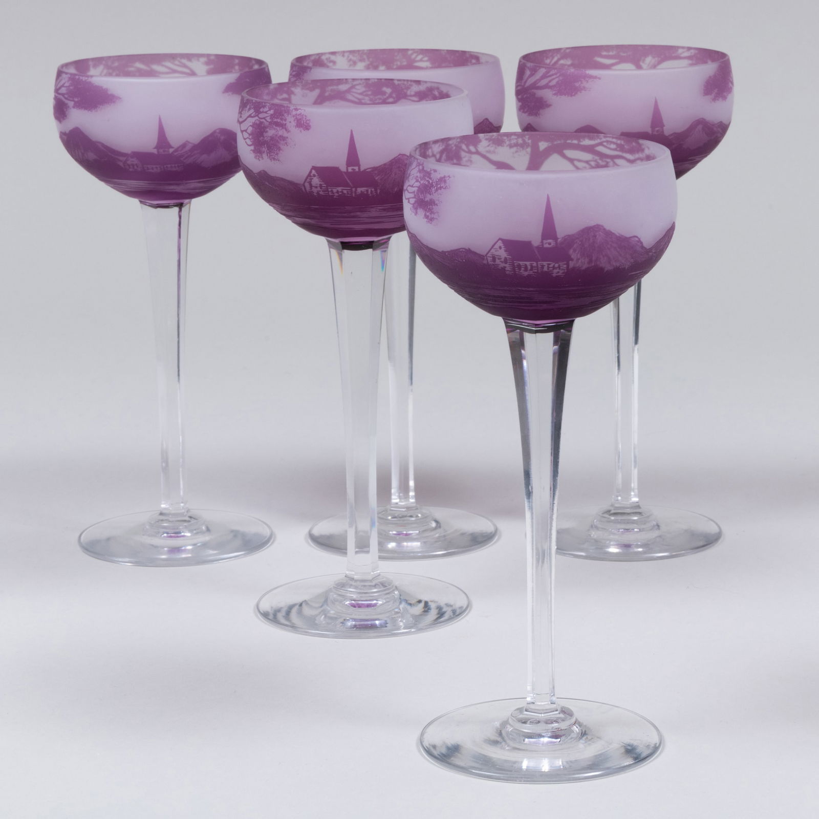 Set of Five Daum Cameo Wine Glasses: Set of Five Daum Cameo Wine Glasses Acid stamp and with cross of Lorraine. 7 1/2 x 3 1/4 in. diam. Property from a Private New York Collection