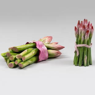 Two Katherine Houston Porcelain Models of Asparagus Bunches: Two Katherine Houston Porcelain Models of Asparagus Bunches Green monogram mark, 1986 and 1995 respectively. The larger 2 x 6 1/2 x 4 in., the smaller 4 x 1 3/4 in. diam.