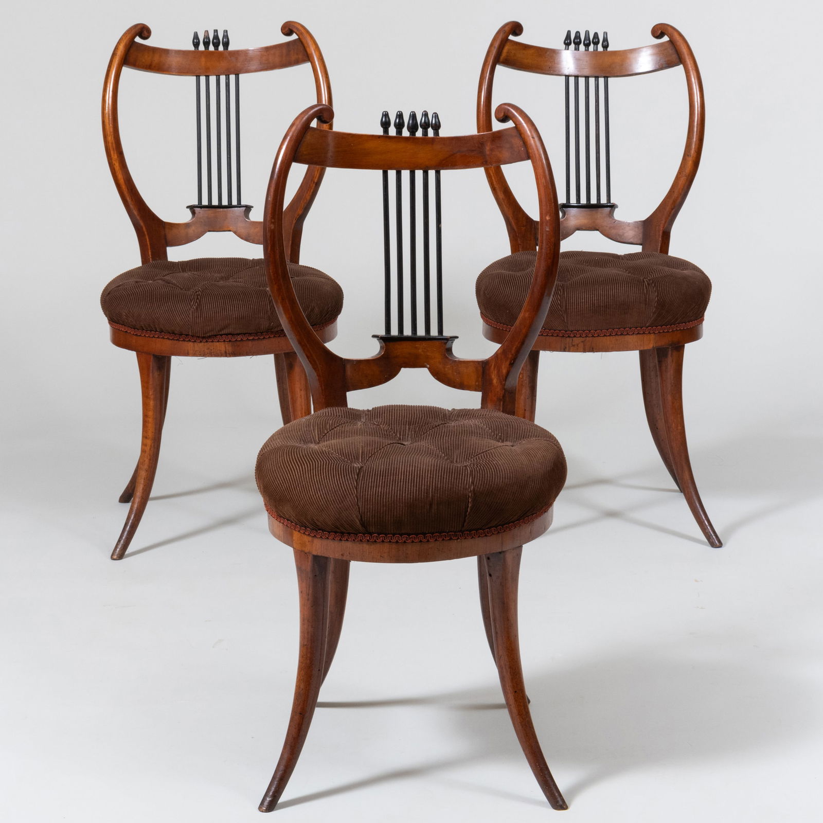 Three Italian Neoclassical Style Walnut and Ebonized Upholstered Lyre Back Side Chairs (1 of 9)