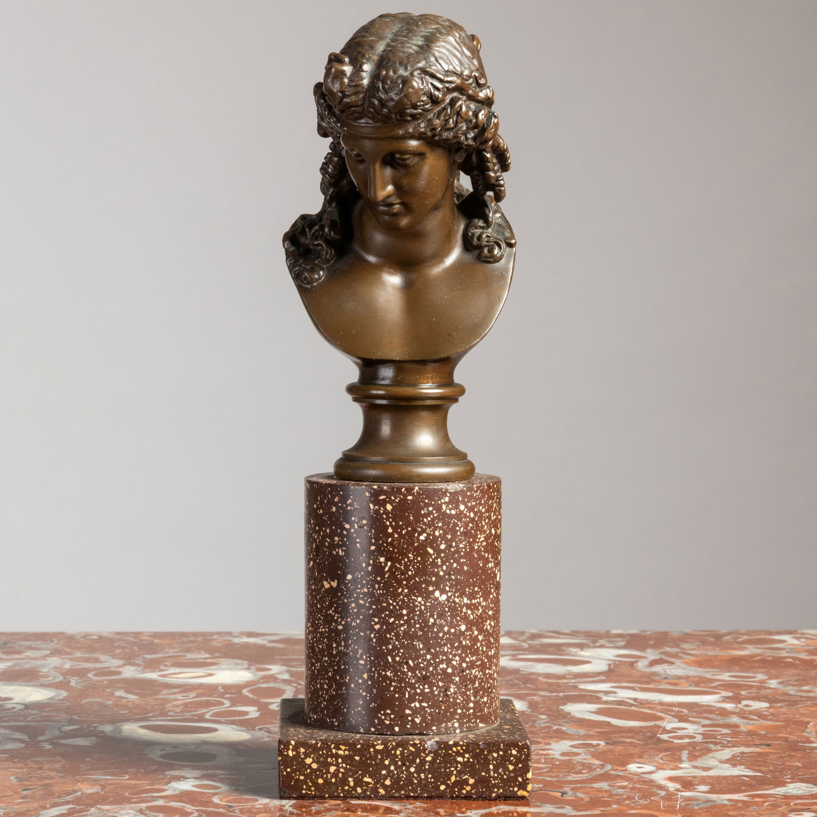 French Bronze Bust of a Classical Maiden on a Swedish Porphyry Pedestal Base, Signed F. Barbedienne (1 of 9)