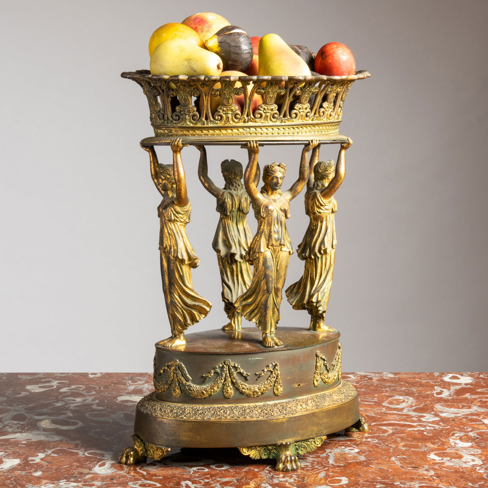 Late Empire Gilt-Metal Figural Centerpiece with Painted Marble Fruit (1 of 20)