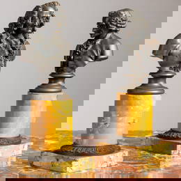 Pair of Patinated-Bronze Busts of Voltaire and Rousseau on Siena Marble Columnar Bases