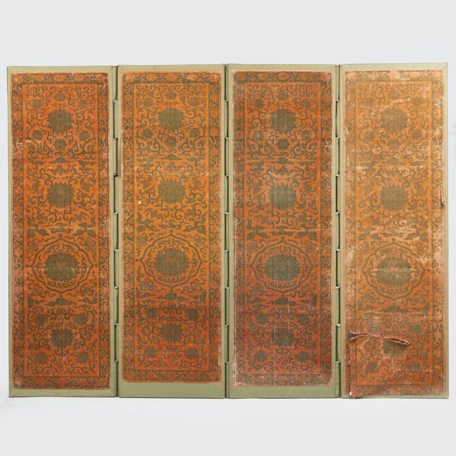 Chinese Pale Orange and Sage Green Velvet Four Panel Screen (1 of 6)