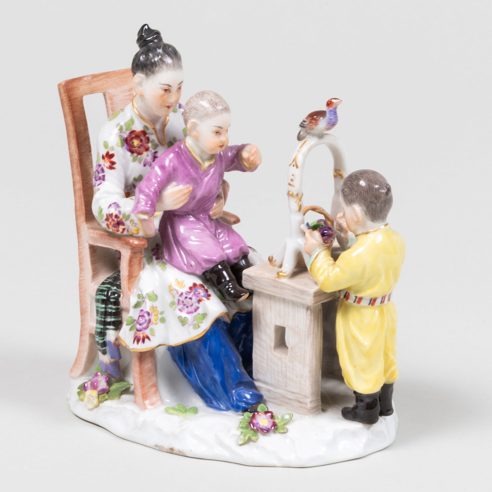 Meissen Chinoiserie Figure Group: Meissen Chinoiserie Figure Group Blue crossed sword mark. 5 x 4 1/4 x 3 in. Sold Christie’s New York, Betsy Bloomingdale: A Life in Style, April 4, 2017, Lot 100. (part)