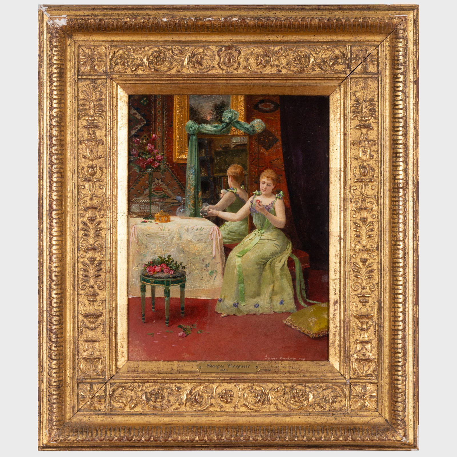 Georges Croegaert (1848-1923): Woman at Her Dressing Table: Georges Croegaert (1848-1923): Woman at Her Dressing Table Oil on board, signed 'George Croegaert' and inscribed 'Paris' lower right. 13 x 9 1/2 in., 21 x 18 in. (frame).