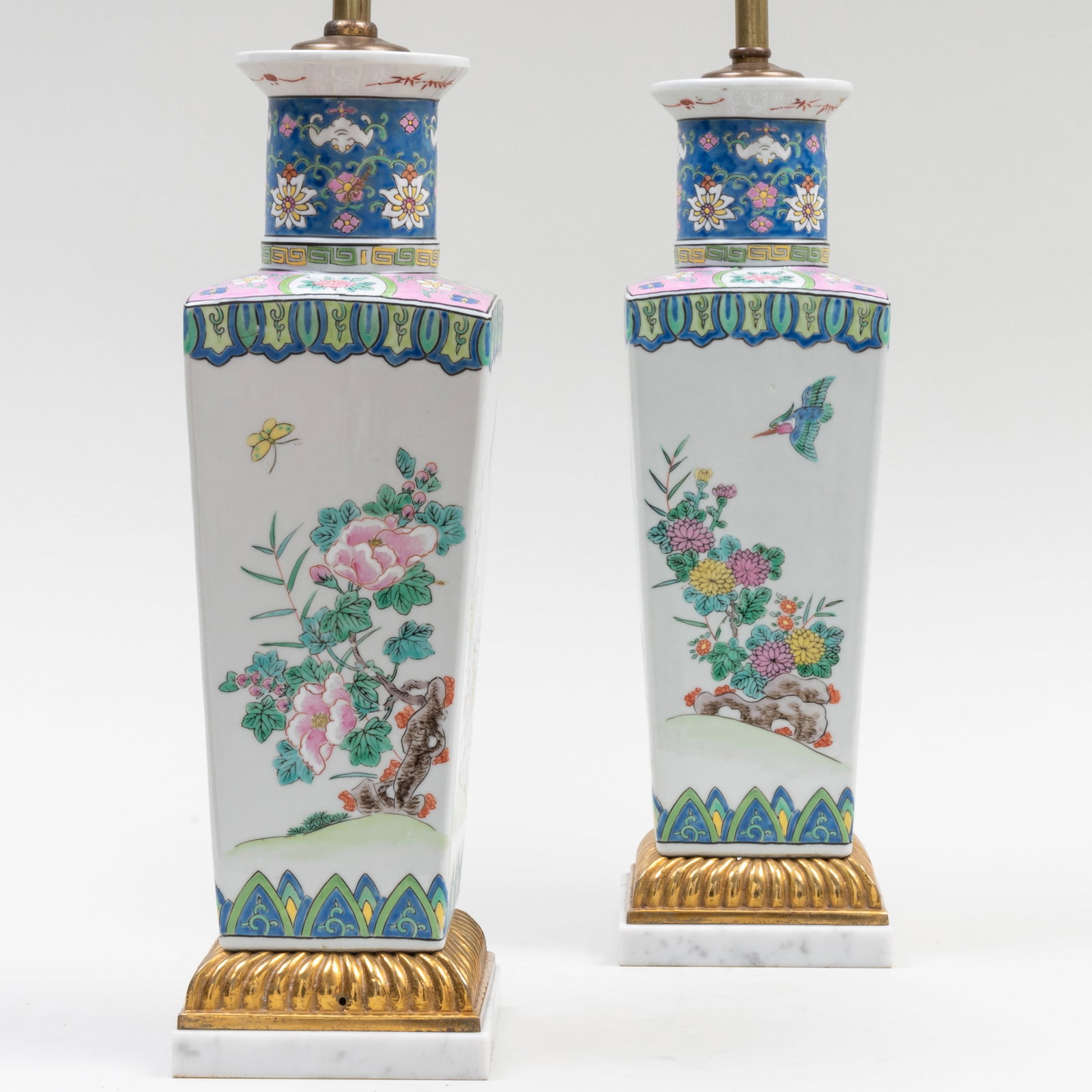 Pair of Chinese Famille Rose Square Baluster Vases Mounted as Lamps: Pair of Chinese Famille Rose Square Baluster Vases Mounted as Lamps 21 1/2 x 5 x 5 in.