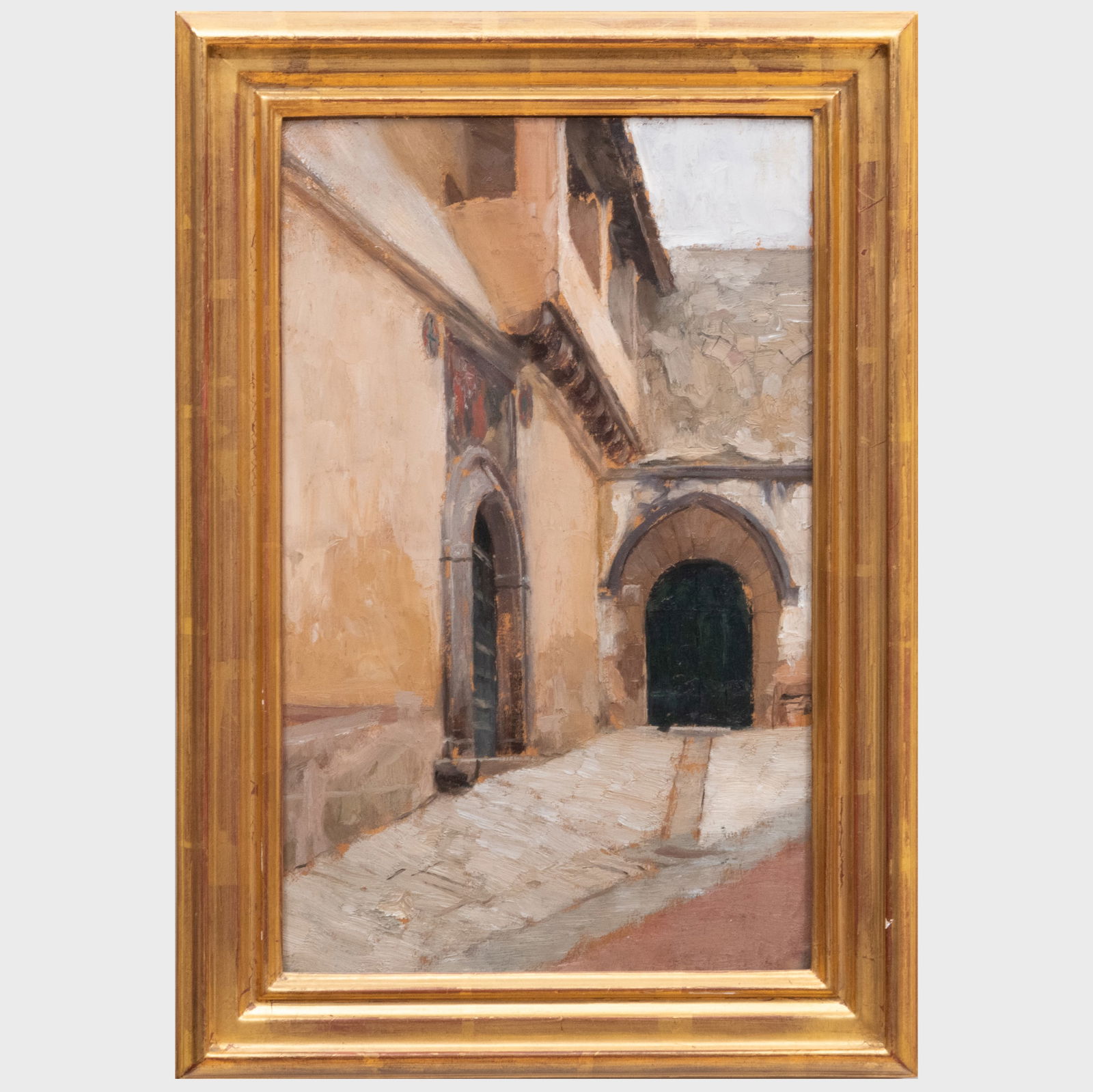 Jules Marie Auguste Leroux (1871-1954): Italian Town Square; Terracina; Interior of an Italian: Jules Marie Auguste Leroux (1871-1954): Italian Town Square; Terracina; Interior of an Italian Church; and Figure Four oil on board, c. 1899, Interior signed 'A. Leroux' and dated lo