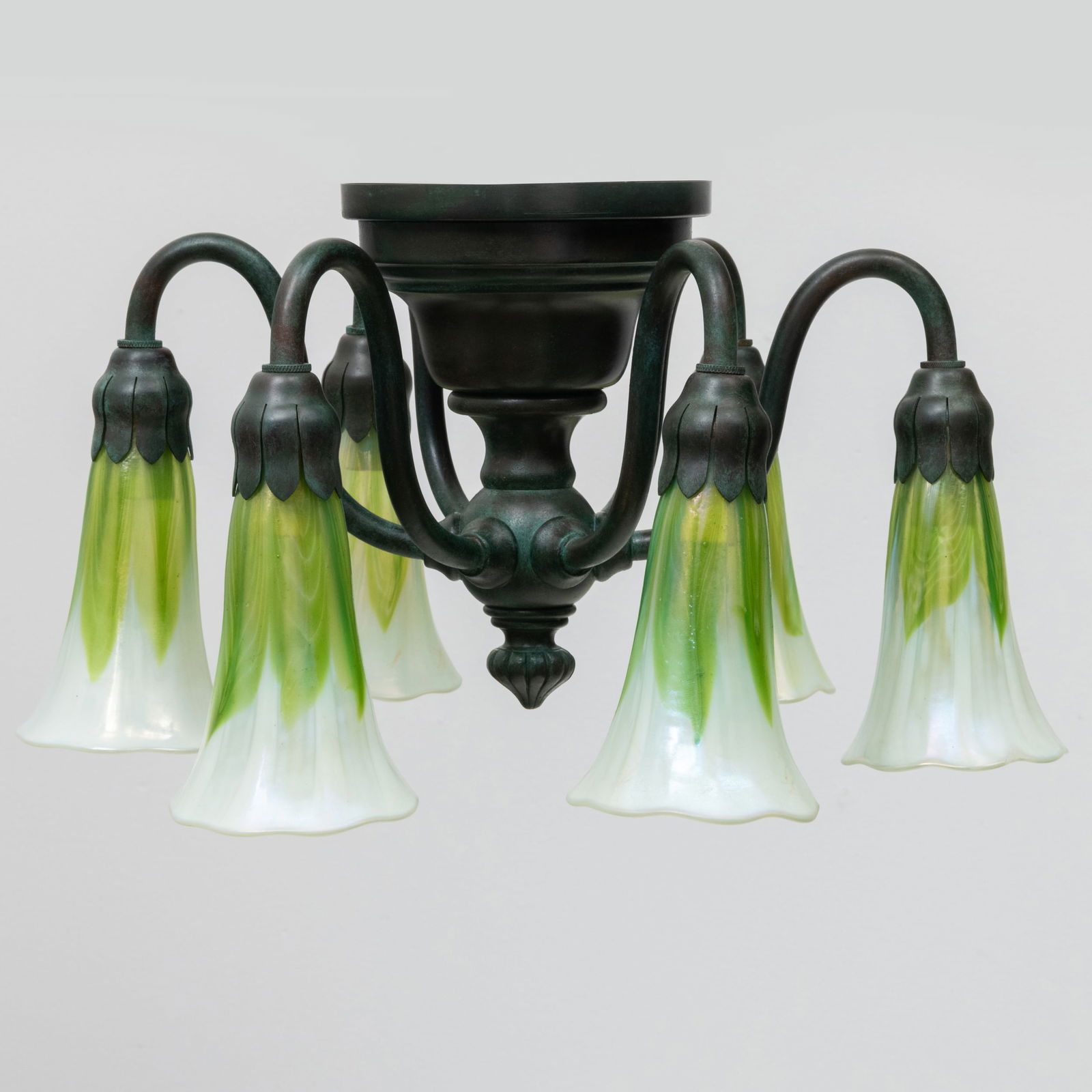 Pair of Tiffany Studios Patinated Bronze and Favrile Glass Six-Light Ceiling Lights (1 of 13)