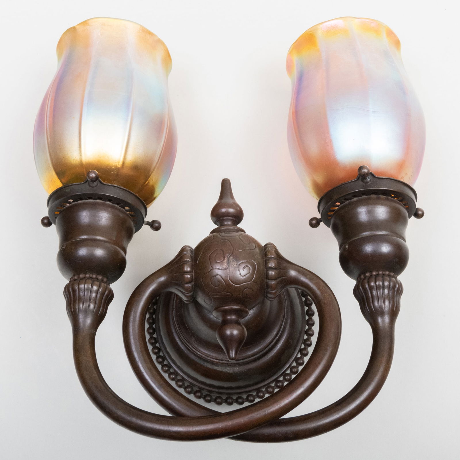 Tiffany Studios Patinated-Bronze and Favrile Glass Two-Light Wall Sconce (1 of 4)