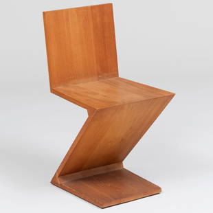 Gerrit Rietveld for Cassina Ash 'Zig Zag' Chair: Gerrit Rietveld for Cassina Ash 'Zig Zag' Chair With label for Atelier International. 29 x 14 1/2 x 17 in., seat height 16 3/4 in. Collection of Bernice Rose. Property from the Collection of Ber