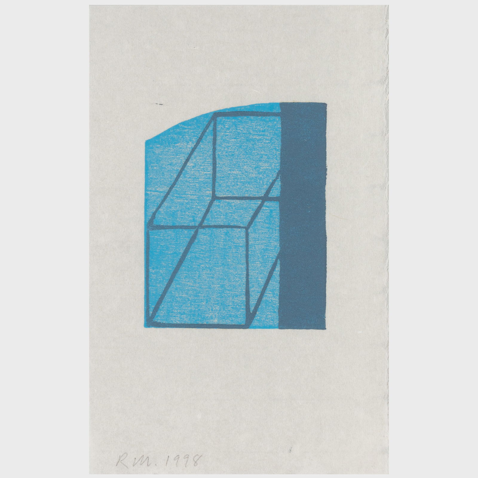 Robert Mangold (b. 1937): Untitled: Robert Mangold (b. 1937): Untitled Woodcut in blue and grey on Japan paper, 1998, signed with initials and dated in pencil, from the edition of unknown size made as a holiday card, with inscribed pape