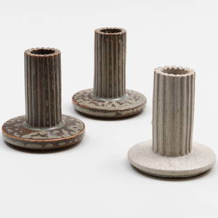 Group of Three Arne Bang Pottery Candlesticks: Group of Three Arne Bang Pottery Candlesticks Monogrammed mark, model no. 133. 3 3/4 x 3 1/4 in. diam. Collection of Bernice Rose. Property from the Collection of Bernice Rose