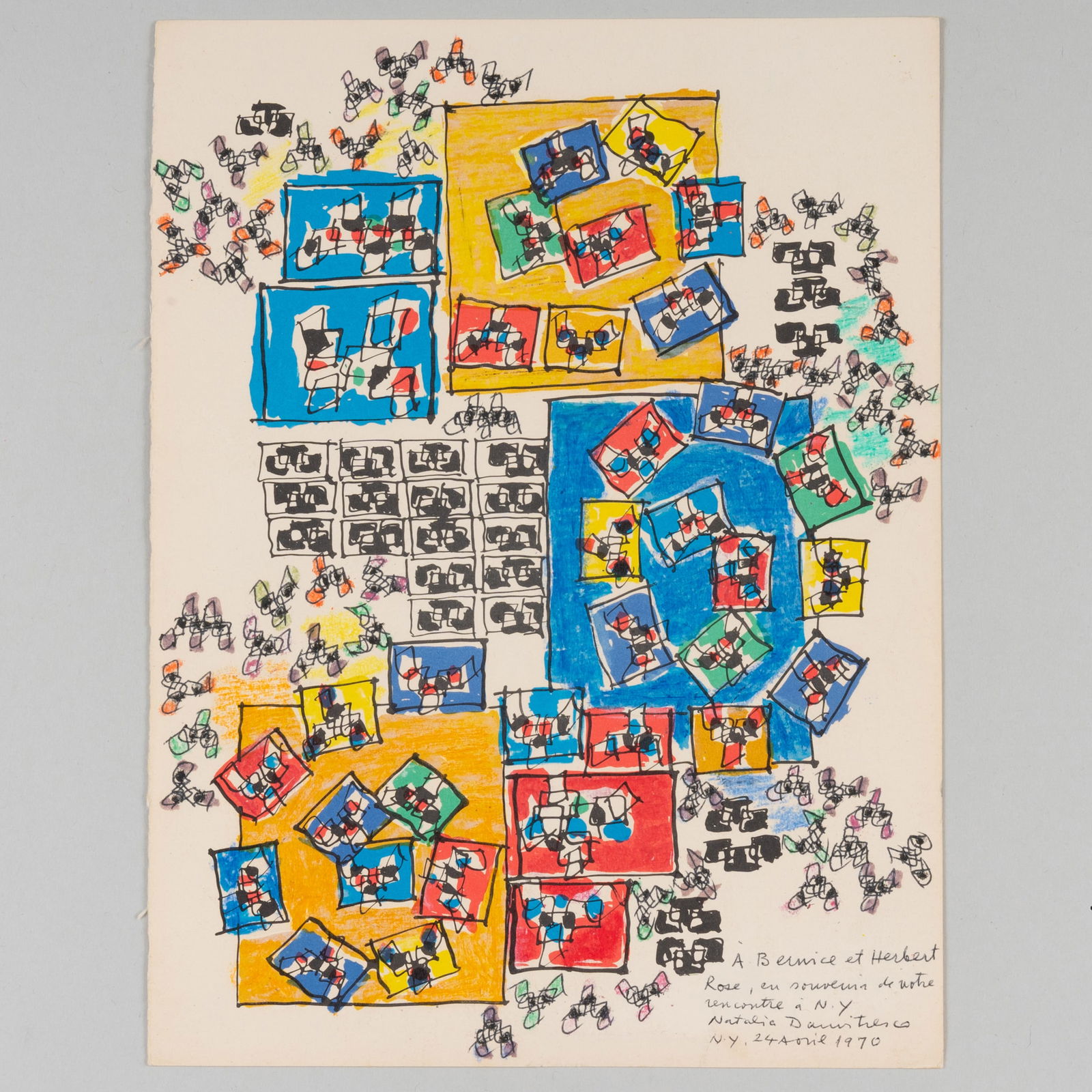 Natalia Dumitresco (1915-1997): Untitled: Natalia Dumitresco (1915-1997): Untitled Offset print with hand-coloring, 1970, signed, dated and inscribed 'A Bernice et Herbert Rose, en souvenir de votre rencontre à NY' lower right;