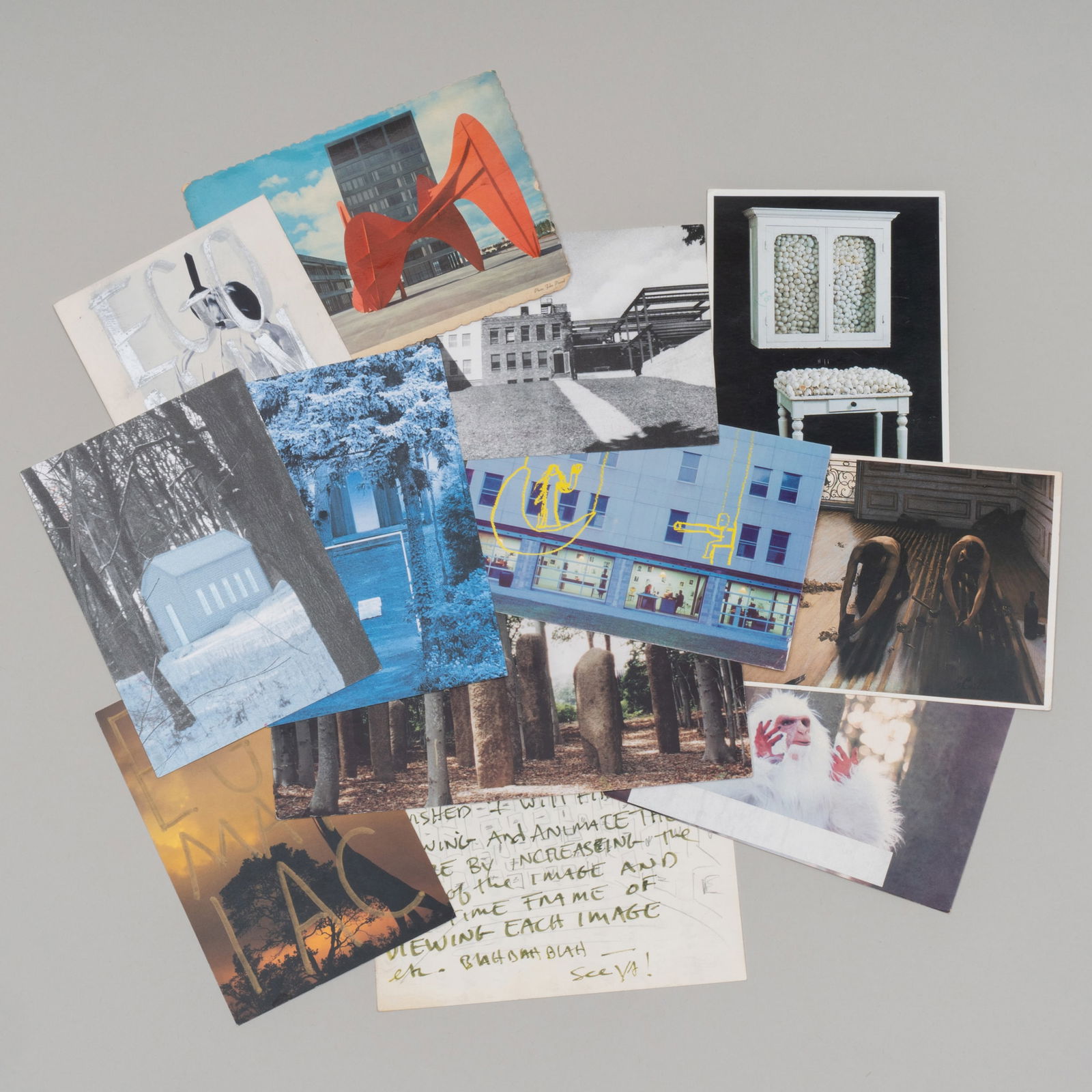 Group of Postcards from Various Artists: Group of Postcards from Various Artists Ten hand-written postcards to Bernice Rose from artists including Alexander Calder, Robert Wilson, and Robert Longo. Various sizes. Collection of Bernice