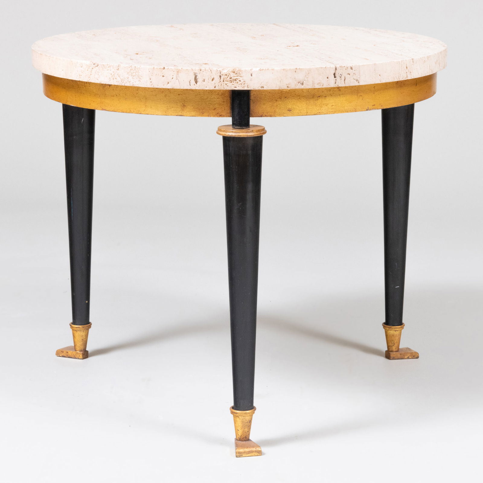 Ebonized and Parcel-Gilt Metal and Travertine Side Table, Attributed to Andre Arbus: Ebonized and Parcel-Gilt Metal and Travertine Side Table, Attributed to Andre Arbus 21 3/4 x 24 3/4 in. diam.