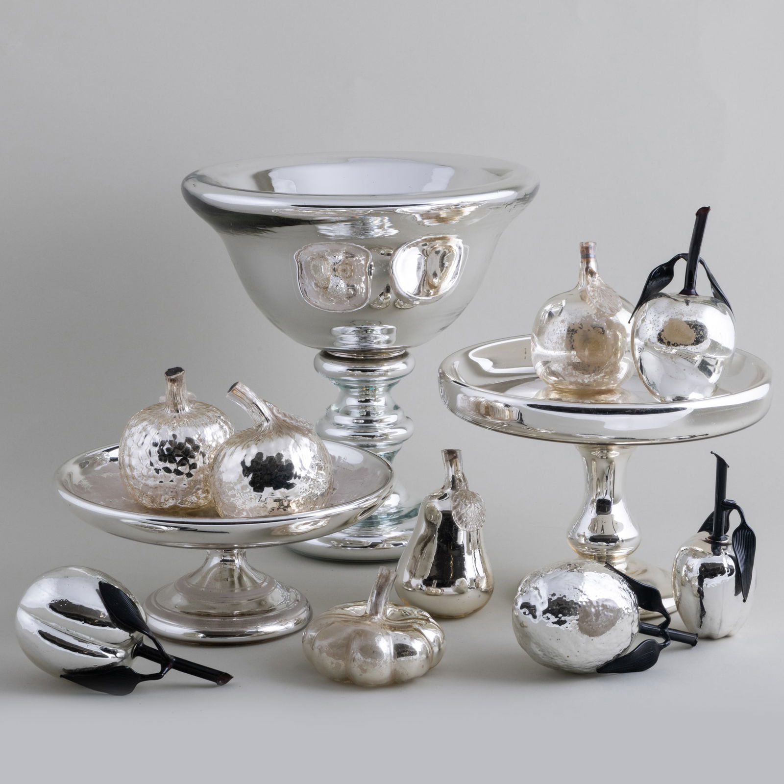 Group of Eleven Mercury Glass Models of Fruits and Vegetables and Three Compotes (1 of 16)