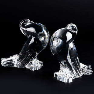 Pair of Sidney Waugh for Steuben Glass 'Pouter Pigeons': Pair of Sidney Waugh for Steuben Glass 'Pouter Pigeons' Signed in etch. 5 x 3 x 7 1/2 in. Property from a Private New York Collection