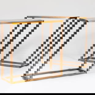 Pair of Modern Tall Bronzed Metal Console Tables: Pair of Modern Tall Bronzed Metal Console Tables Each with drop-in smokey glass top. 41 x 42 x 14 3/4 in. Used for exhibition at The National Gallery of Art, one supporting a sculpture of