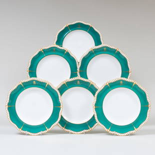 Group of Twelve Spode Green Ground Porcelain Dinner Plates: Group of Twelve Spode Green Ground Porcelain Dinner Plates Green and red printed marks. 10 1/4 in. diam.