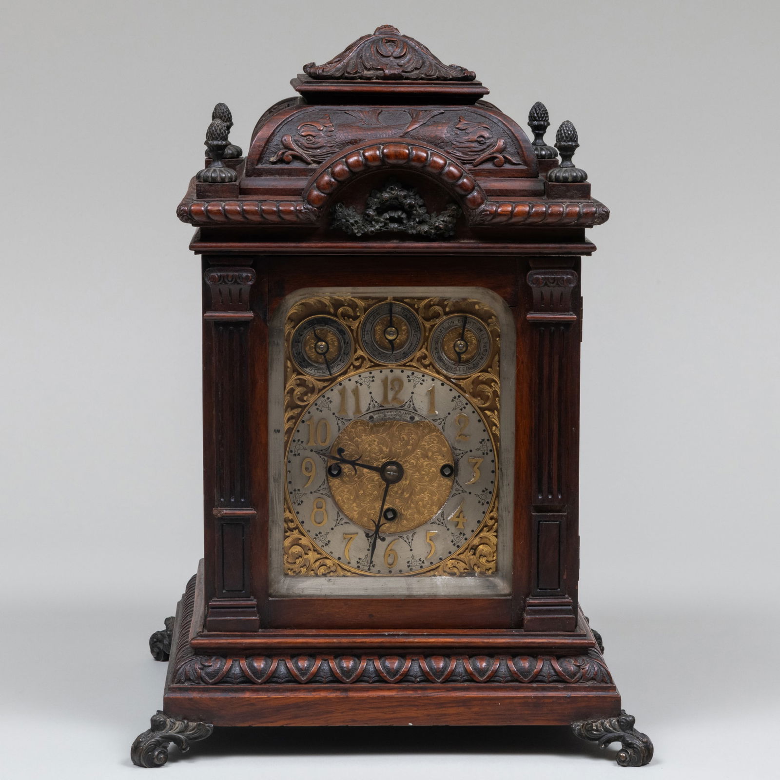 Edwardian Metal-Mounted Carved Oak Mantel Clock, the Dial Signed Shreve, Crump and Low, Boston (1 of 8)