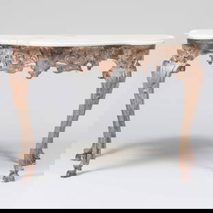 Italian Rococo Style Silver-Gilt Console Table: Italian Rococo Style Silver-Gilt Console Table With Carrara marble top and faux marble painted wood top. 34 1/2 in. x 4 ft. 3 1/2 in. x 26 in.