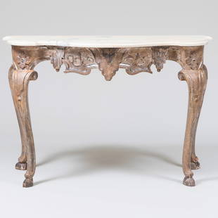 Italian Rococo Style Silver-Gilt Console Table: Italian Rococo Style Silver-Gilt Console Table With Carrara marble top and faux marble painted wood top. 34 1/2 in. x 4 ft. 3 1/2 in. x 26 in.