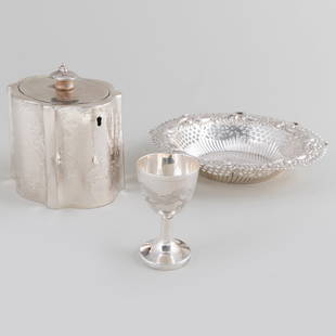 Group of Silver Articles: Group of Silver Articles Variously marked. Comprising: A Georgian tea caddy, mark of Thomas Daniell &amp; John Wall, London, 1781 Two Chinese goblets, marked &#39;Sterling&#39; Two English pierced bow