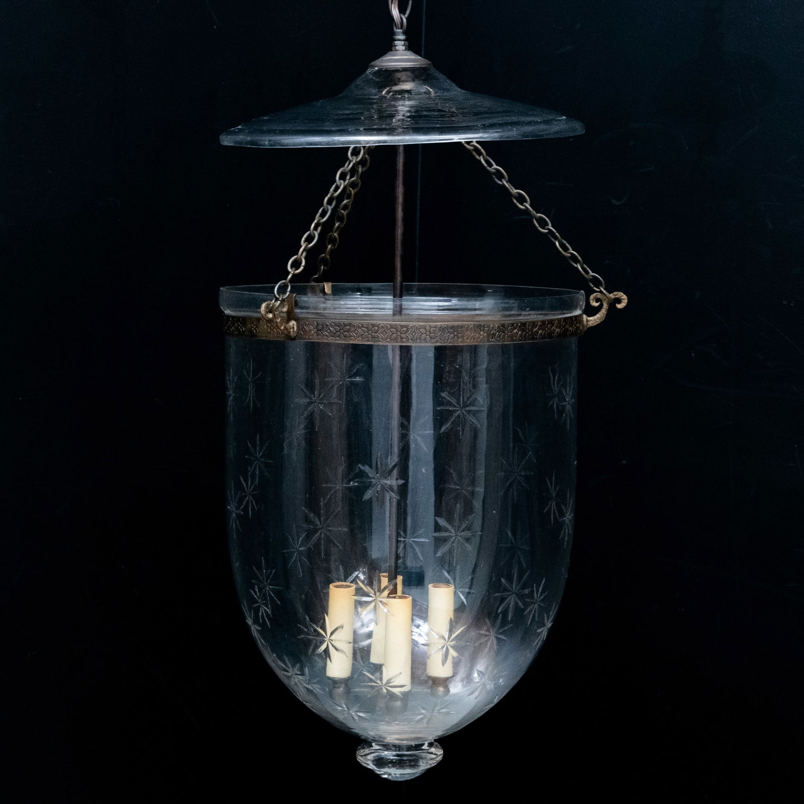 Large Metal-Mounted Etched Glass Hundi Four-Light Lantern (1 of 5)