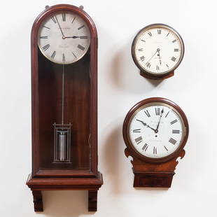 Three Victorian Mahogany Wall Clocks: Three Victorian Mahogany Wall Clocks Comprising: English Dial Clock, Barnisel, London English Drop Dial Wall Clock, W. Coates, Holburn, London Scottish Wall Clock, Alexander McKenzie Glasgow. Th