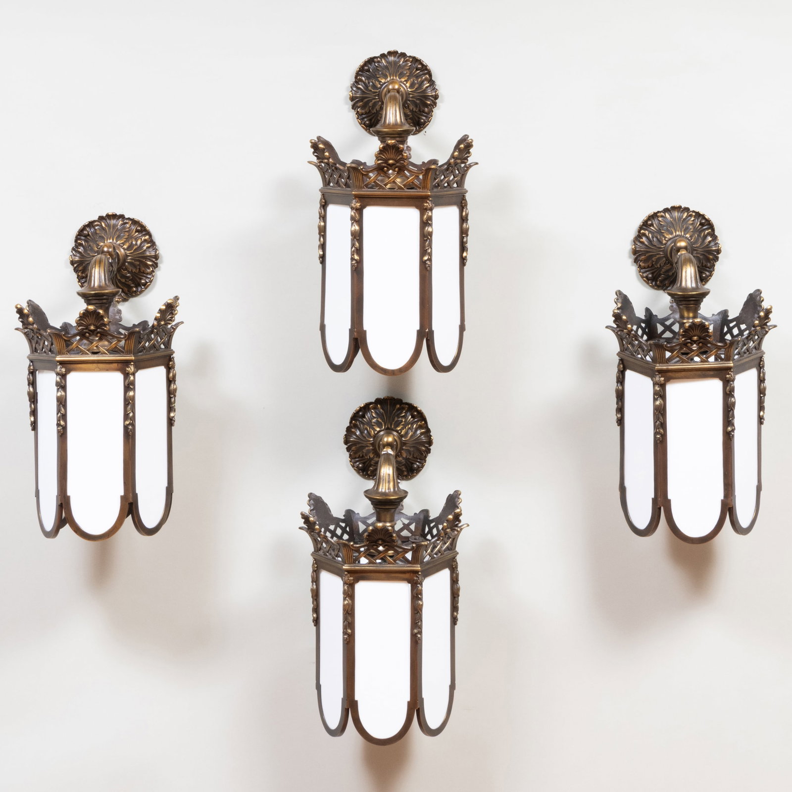 Set of Four Contemporary Bronze and Milk Glass Wall Lanterns (1 of 10)