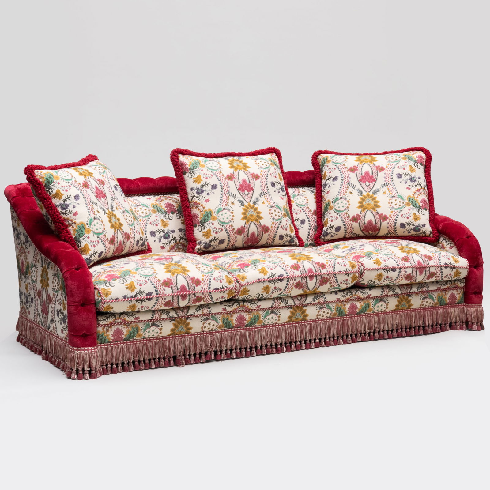Fine Red Velvet and Polychrome Needlework Upholstered Sofa, Designed by Alberto Pinto (1 of 9)