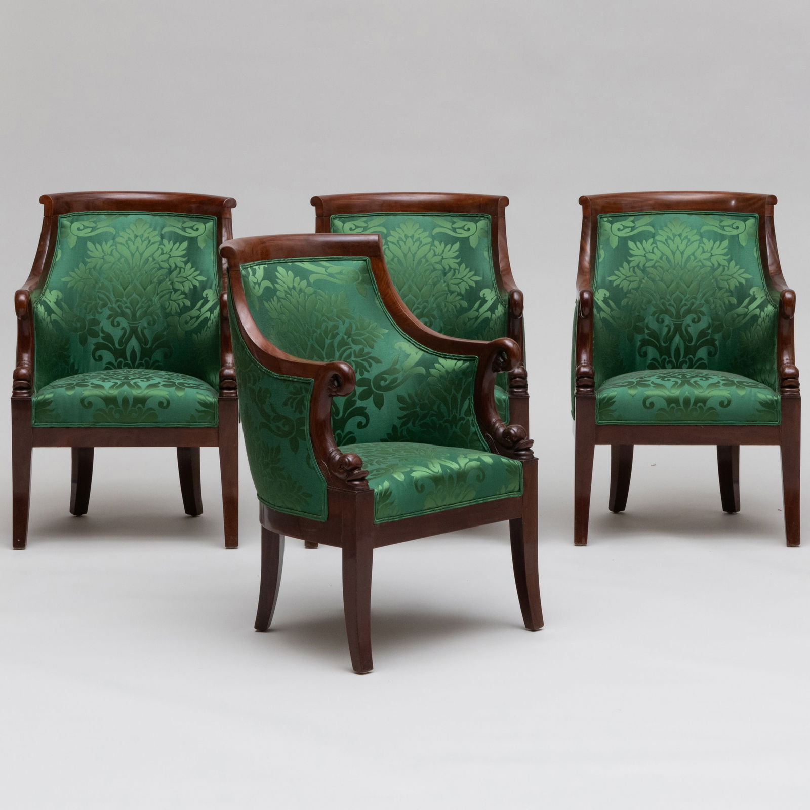 Set of Four Empire Carved Mahogany Fauteuils en Gondole, Stamped Jacob Freres Rue Meslee: Set of Four Empire Carved Mahogany Fauteuils en Gondole, Stamped Jacob Freres Rue Meslee Each 35 1/2 x 23 x 23 in., seat height 17 in. Jacob Freres Rue Meslee' was the stamp used by Georges II (1768-1