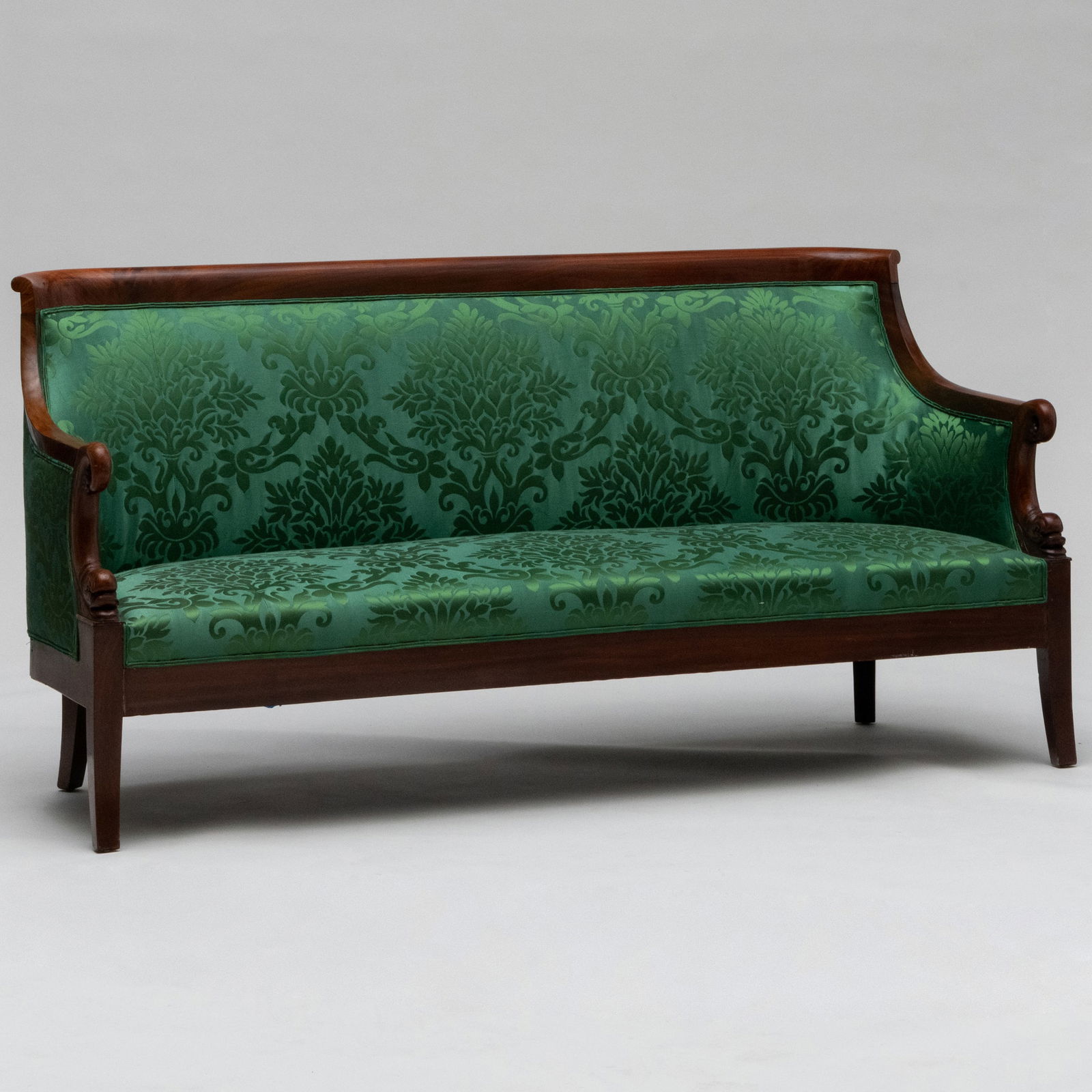 Empire Carved Mahogany Settee, Jacob Freres Rue Meslee: Empire Carved Mahogany Settee, Jacob Freres Rue Meslee Unmarked. Ensuite with lot 115 and 117. 37 1/2 x 6 ft. 4 in. x 25 in., seat height 16 in. Jacob Freres Rue Meslee' was the stamp used by Georges