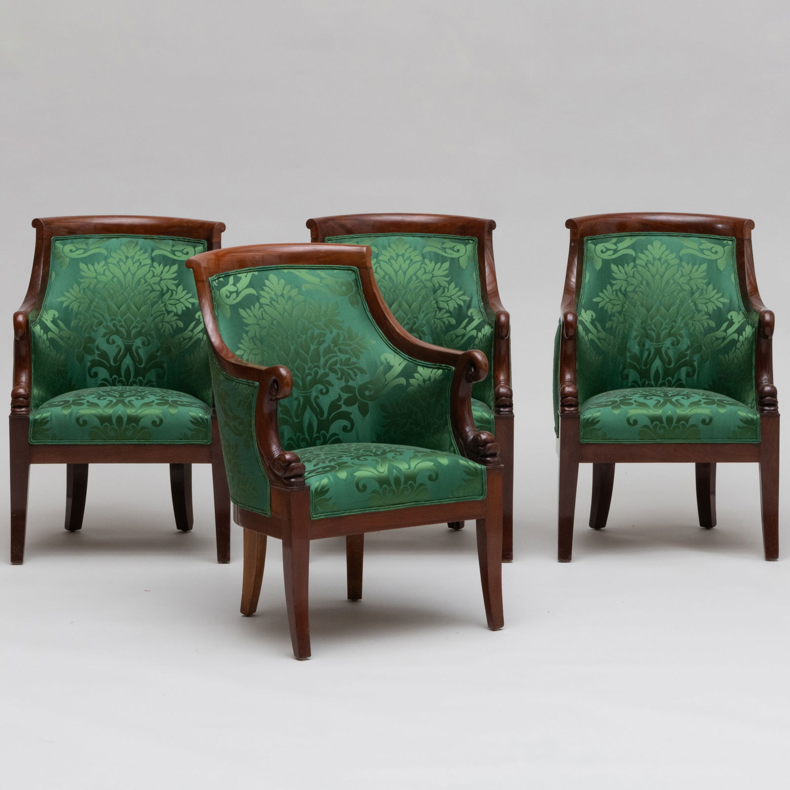 Set of Four Empire Carved Mahogany Fauteuils en Gondole, Stamped Jacob Freres Rue Meslee: Set of Four Empire Carved Mahogany Fauteuils en Gondole, Stamped Jacob Freres Rue Meslee Each 35 1/2 x 23 x 23 in., seat height 17 in. Jacob Freres Rue Meslee' was the stamp used by Georges II (1768-1